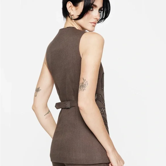 Gaia Linen Blend Snake Embroidered Longline Waistcoat - size US12/UK 16 - Picture 7 of 8